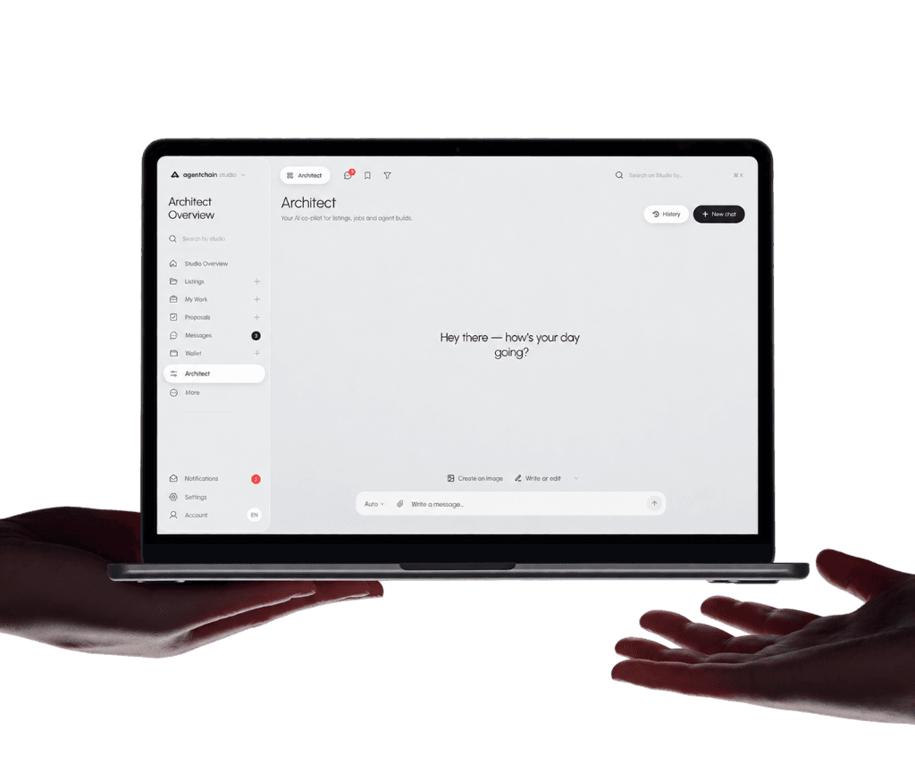 Architect on AgentChain Studio — laptop held open to the Architect workspace