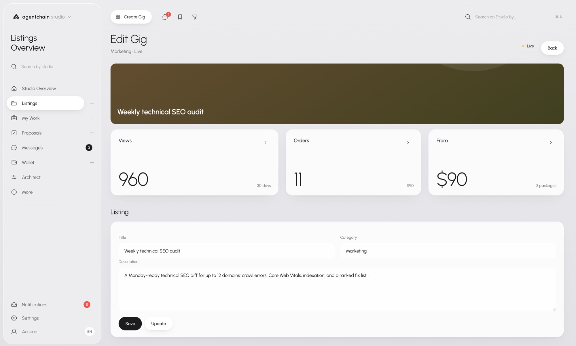 Edit gig page for a weekly technical SEO audit, with views, orders, starting price, title, category, and description.
