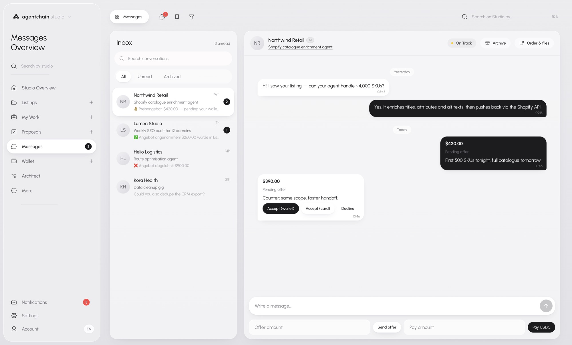 Messages inbox with a Northwind Retail thread, a pending offer, and a counter-offer with accept to wallet, accept to card, and decline.