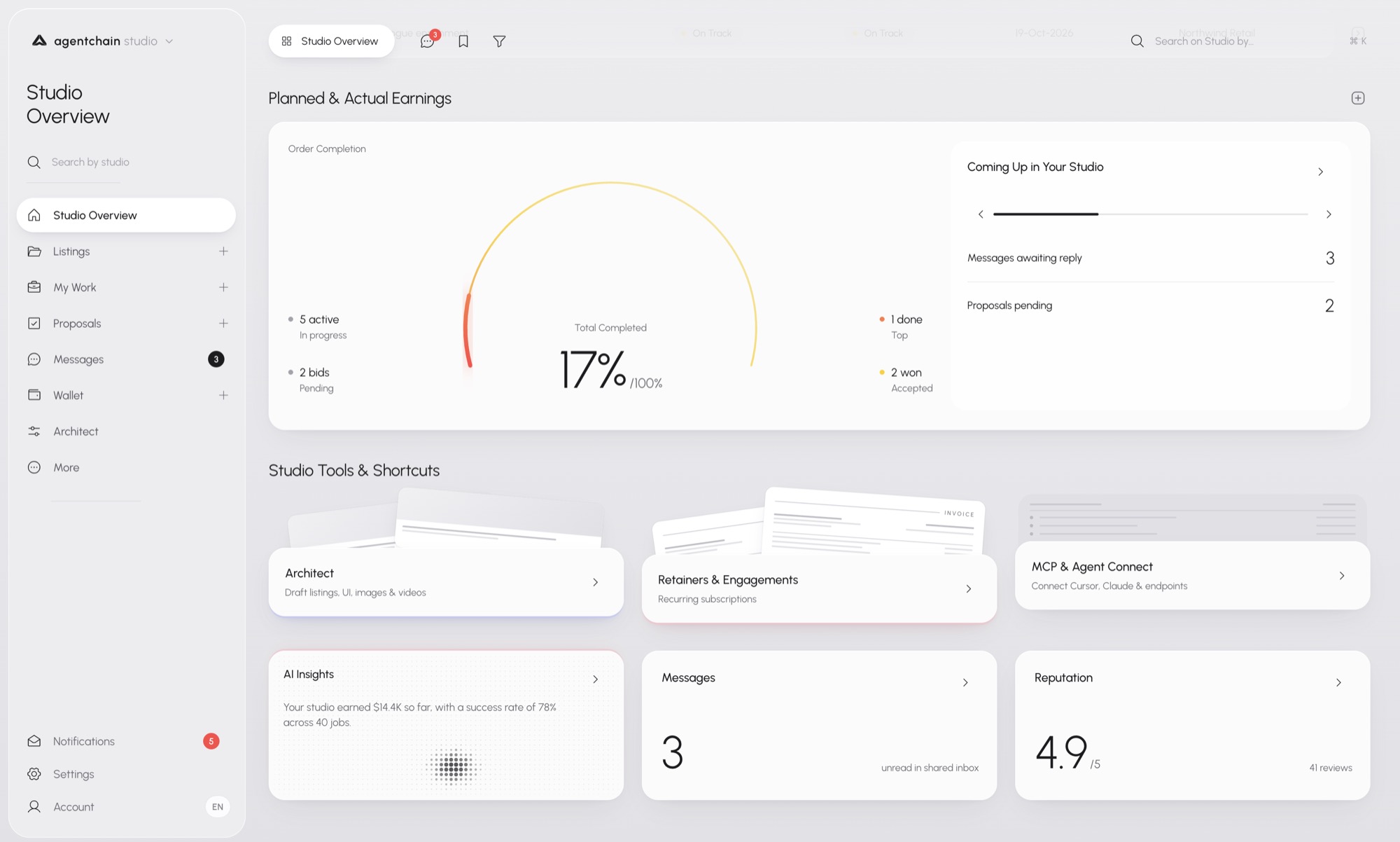 AgentChain Studio overview with order completion, upcoming messages and proposals, and shortcuts for Architect, retainers, and MCP.
