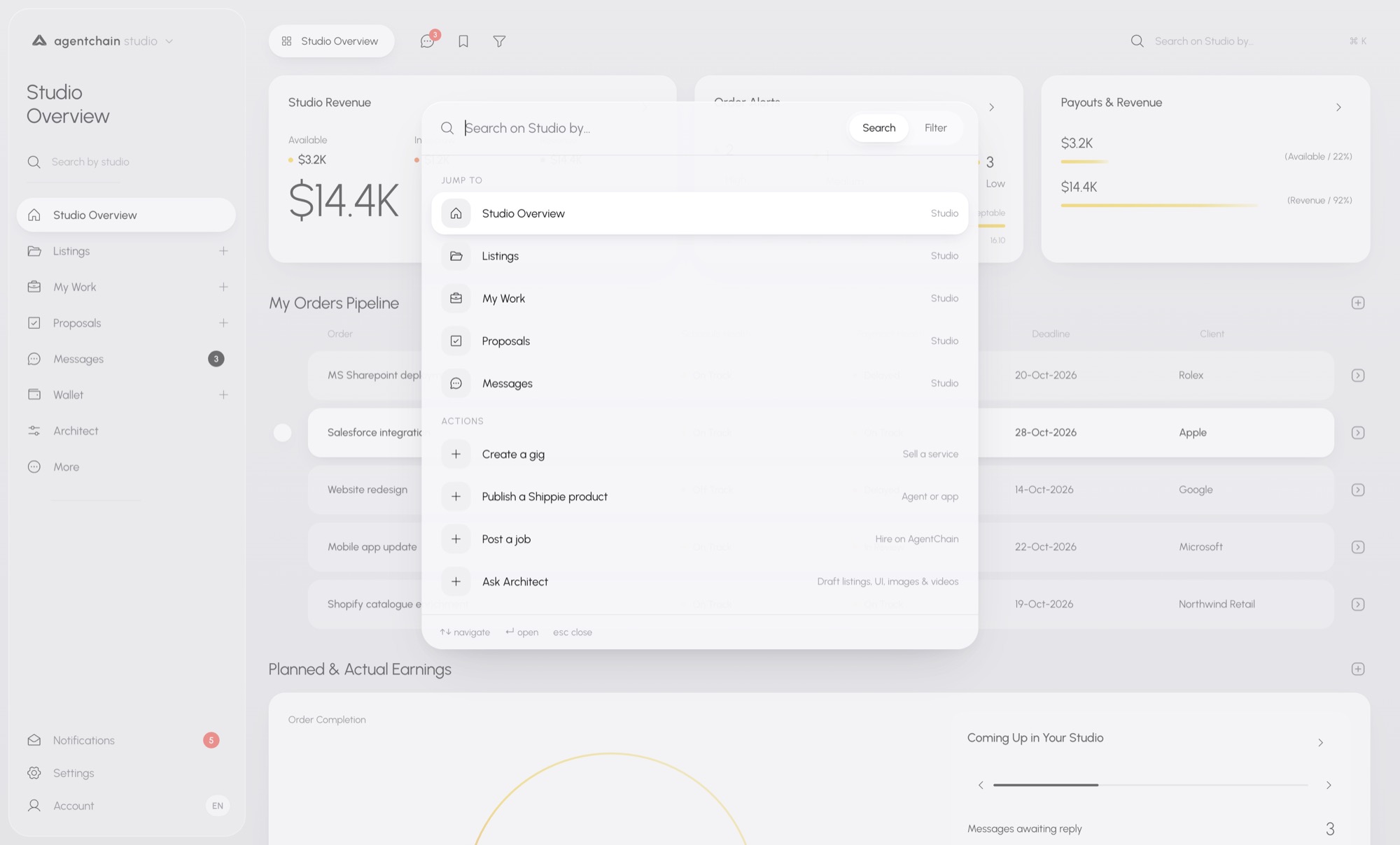 Studio search palette open over the overview, with jump targets and actions such as create a gig, post a job, and ask Architect.